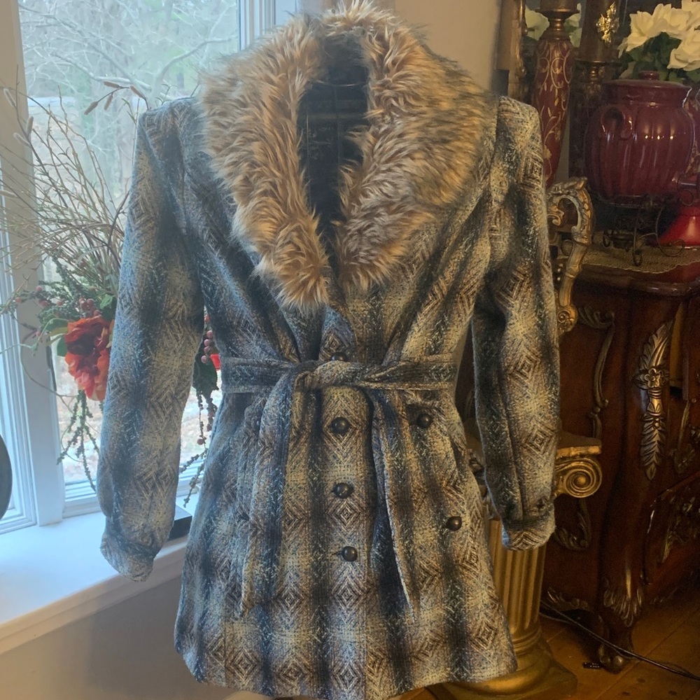 Me Jane Blue Plaid Teddy Jacket with Faux Fur Collar